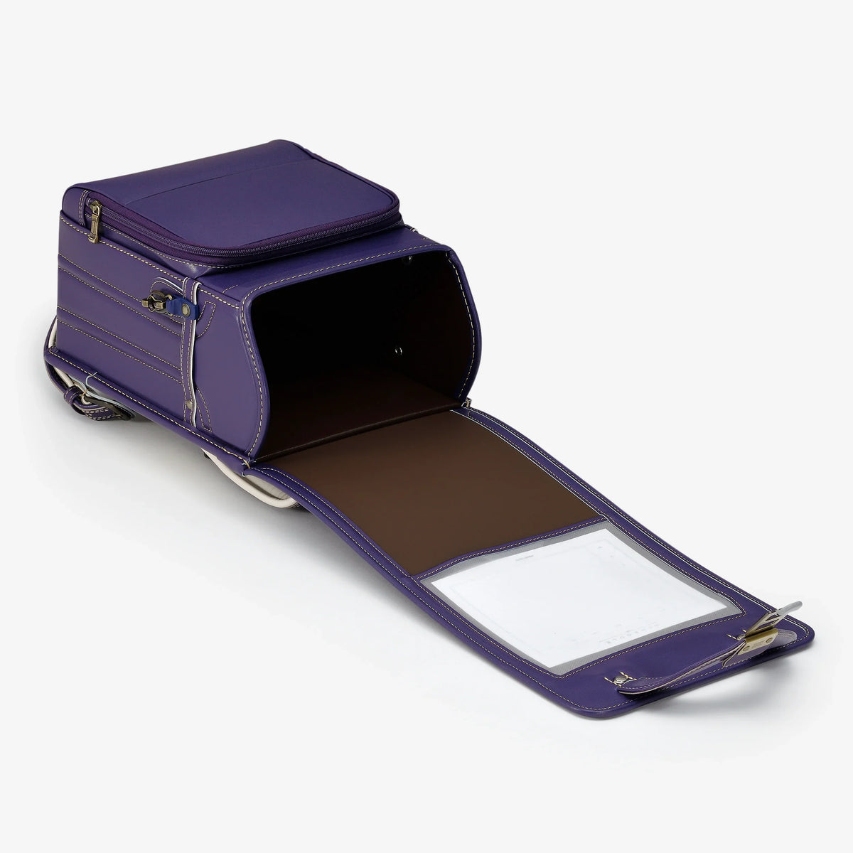 Bolca Randoseru – Leather by Murase Kabanko – purple Japanese randoseru backpack with open flap showing spacious interior