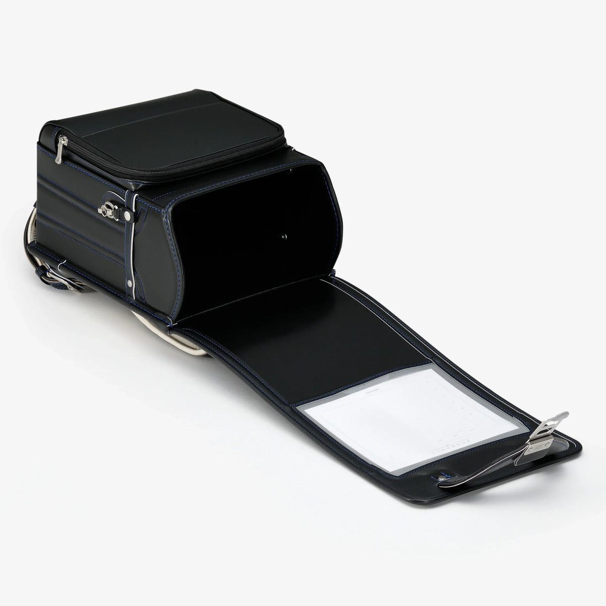 Bolca Randoseru – Leather by Murase Kabanko – black Japanese randoseru backpack open, showing spacious interior and detailed stitching