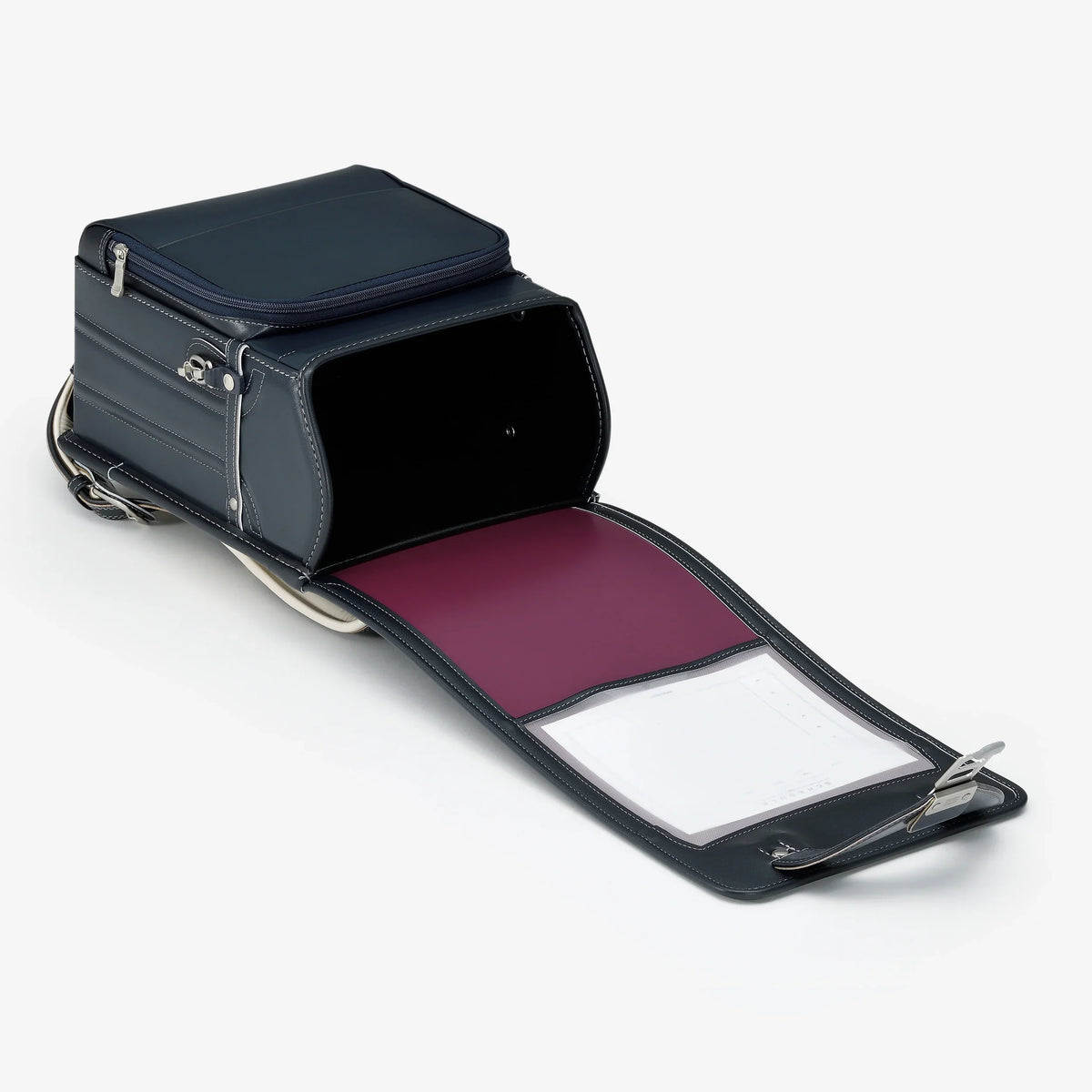 Bolca Randoseru – Leather by Murase Kabanko – open Japanese randoseru backpack with dark exterior and maroon flap on white background