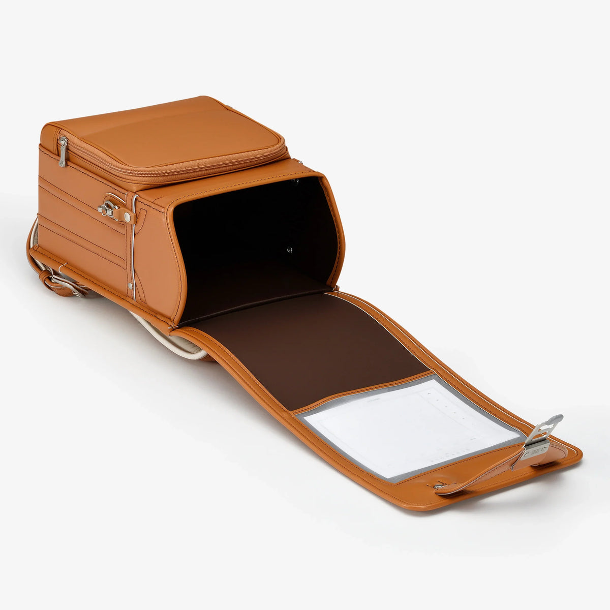 Bolca Randoseru – Leather by Murase Kabanko – open brown Japanese randoseru backpack with front flap and document pocket, on white background