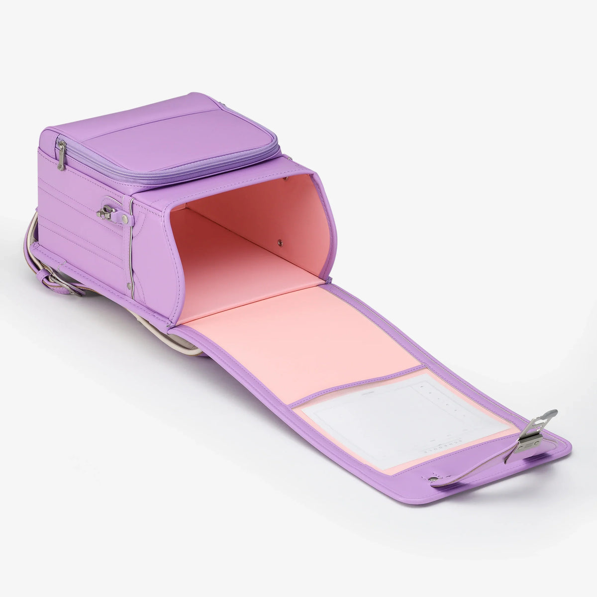 Bolca Randoseru – Leather by Murase Kabanko – lavender Japanese randoseru backpack open, showing spacious pink interior and organizer pocket