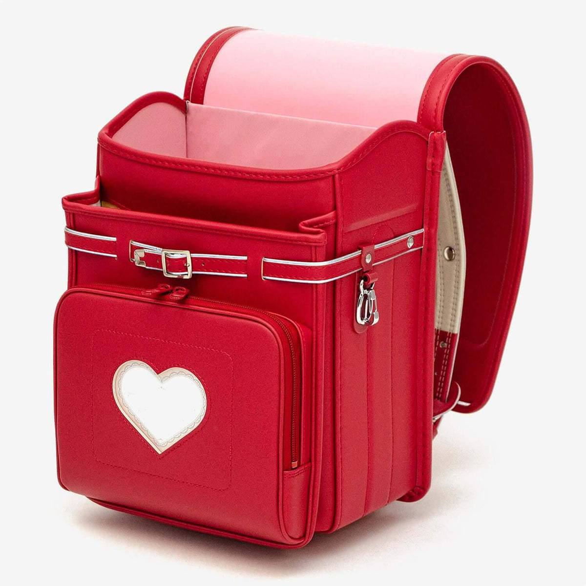 Mu+ Randoseru (Red) by Murase Kabanko – red Japanese randoseru backpack with pink interior and heart-shaped pocket detail