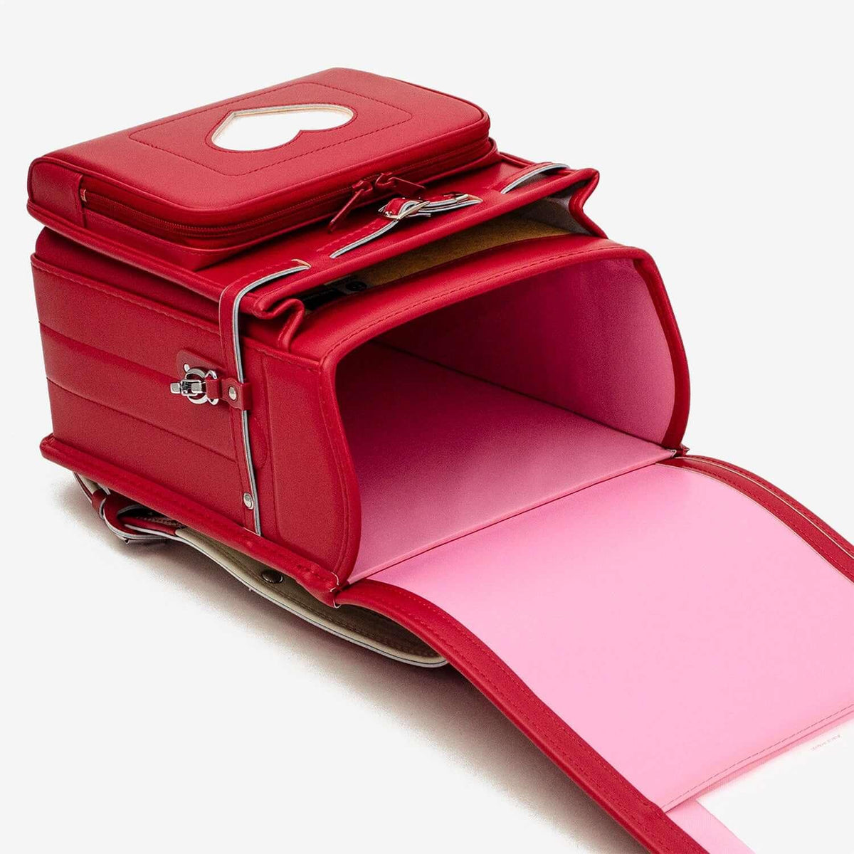 Mu+ Randoseru (Red) by Murase Kabanko – red Japanese Randoseru backpack with pink interior and heart decoration, open and empty