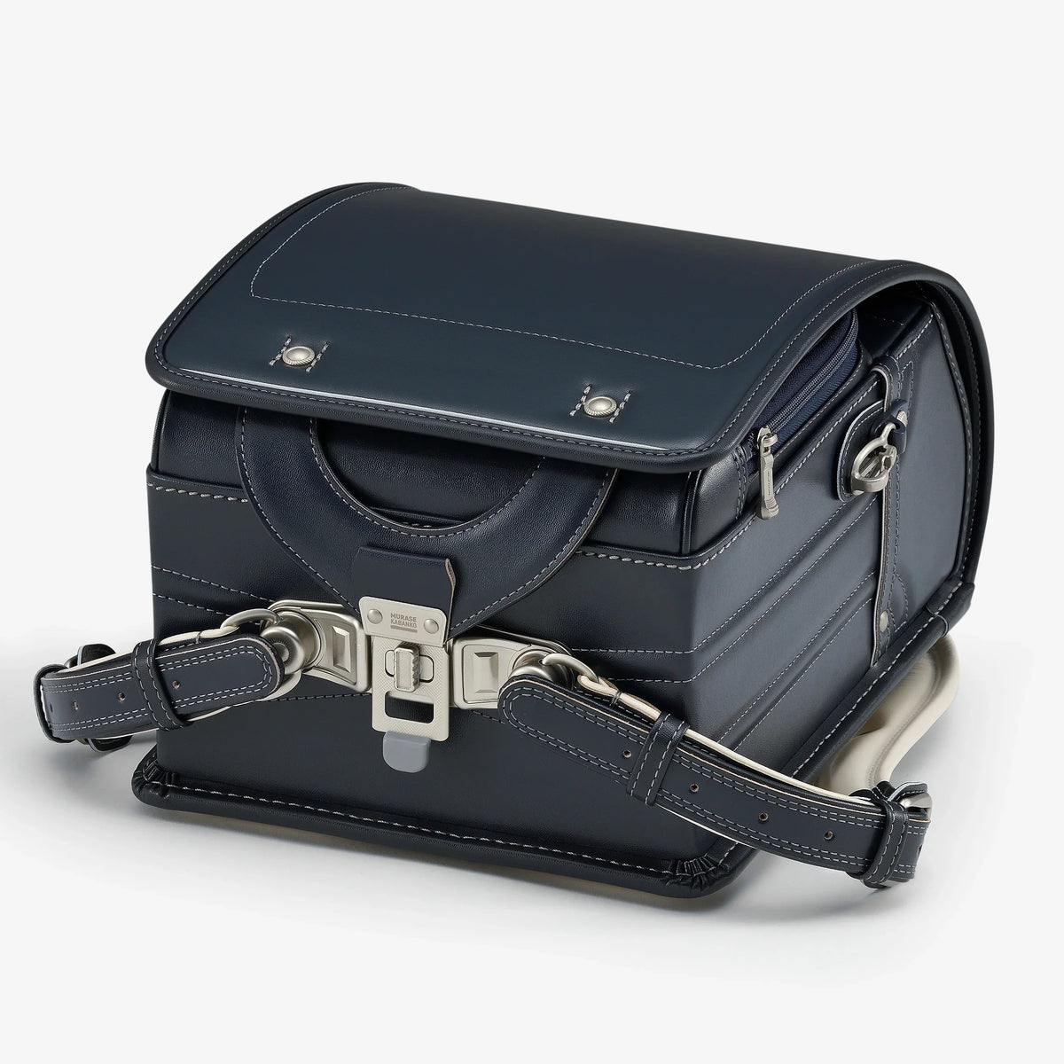 Bolca Randoseru – Leather by Murase Kabanko – navy blue Japanese Randoseru backpack with metal clasp and white stitching on a white background.
