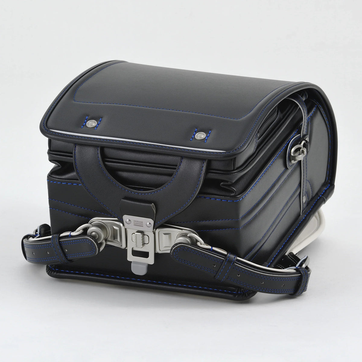 Bolca Randoseru by Murase Kabanko – black Japanese randoseru backpack with blue stitching, metal clasp, and structured design