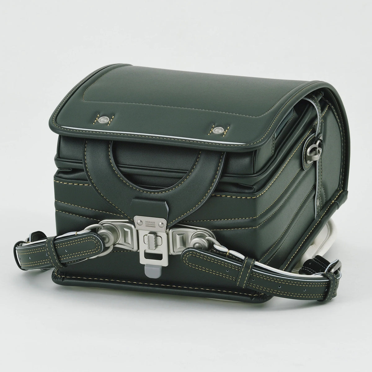 Bolca Randoseru by Murase Kabanko – dark green Japanese randoseru backpack with metal clasp and yellow stitching on white background