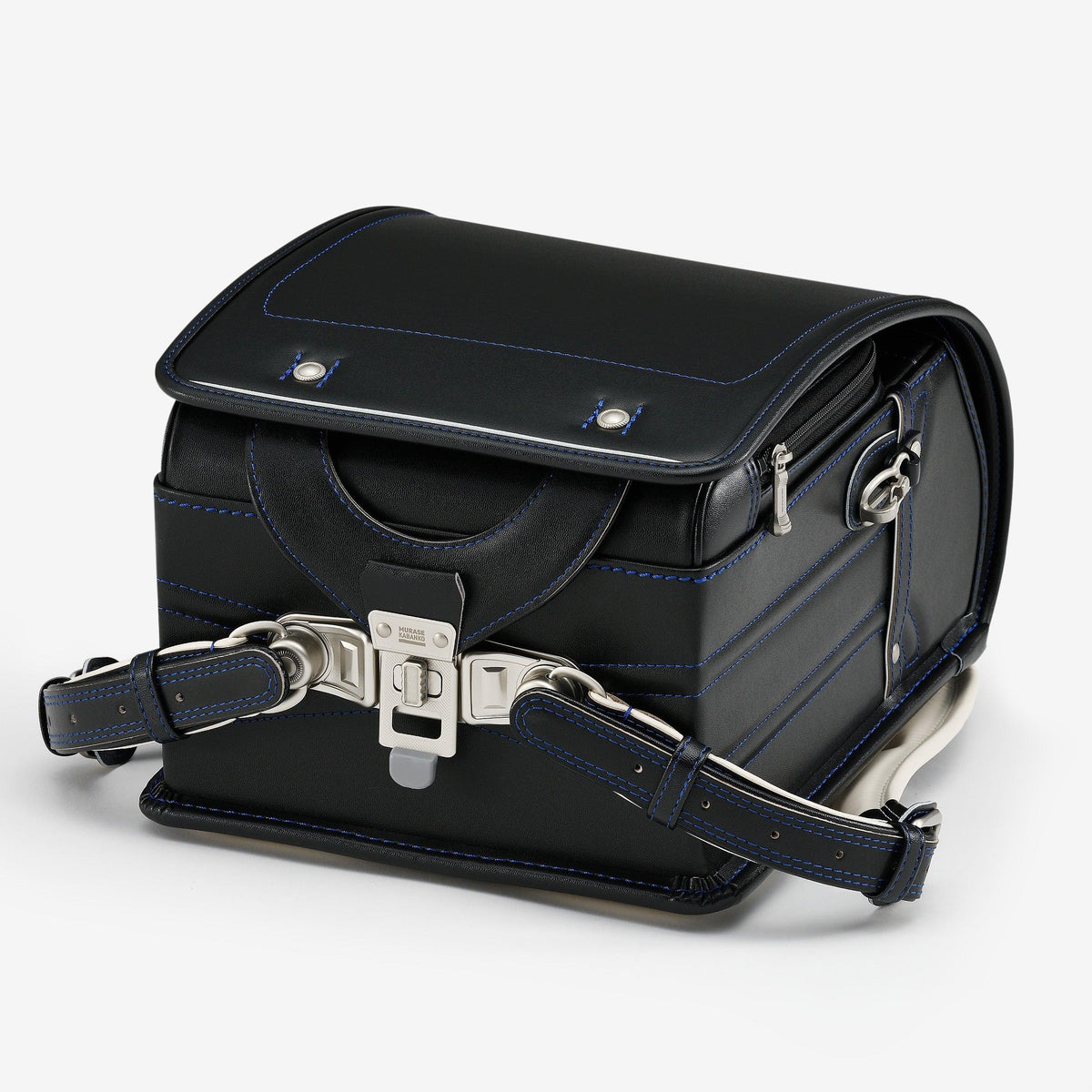 Bolca Randoseru – Leather by Murase Kabanko – black Japanese Randoseru backpack with blue stitching and metal clasp on white background