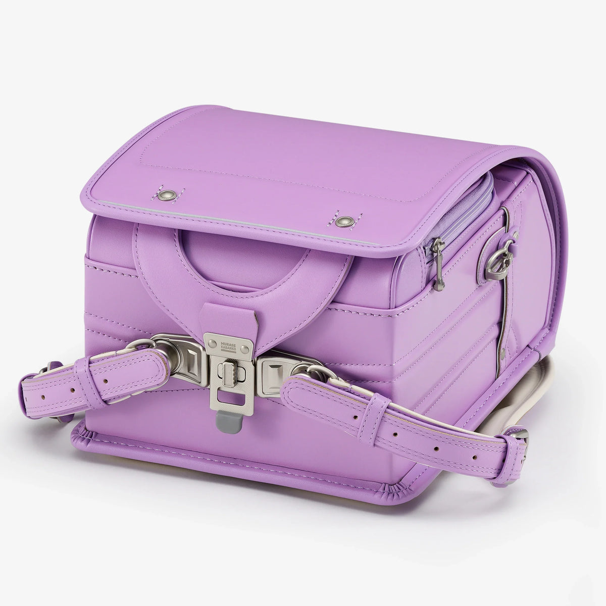 Bolca Randoseru – Leather by Murase Kabanko – lavender Japanese randoseru backpack with front buckle and adjustable straps, angled view