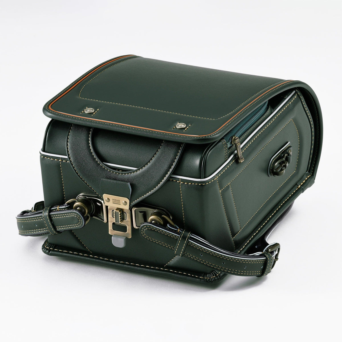 Glanz V Randoseru by Murase Kabanko – dark green Japanese randoseru leather backpack with metal clasp and stitching detail