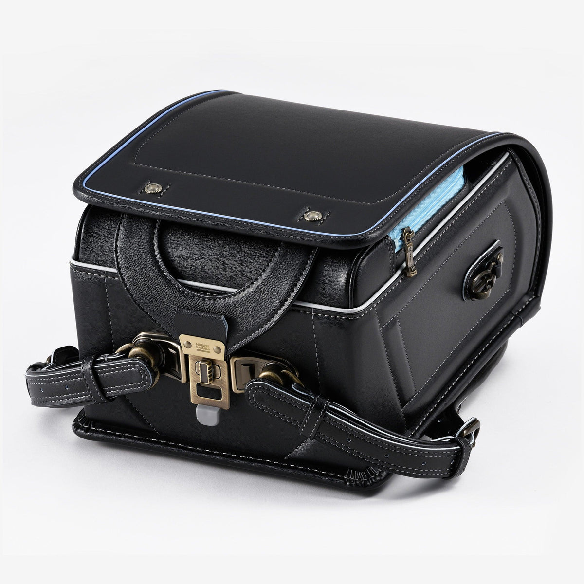 Glanz V Randoseru by Murase Kabanko – black Japanese Randoseru backpack with blue trim, sturdy leather, and metal clasp