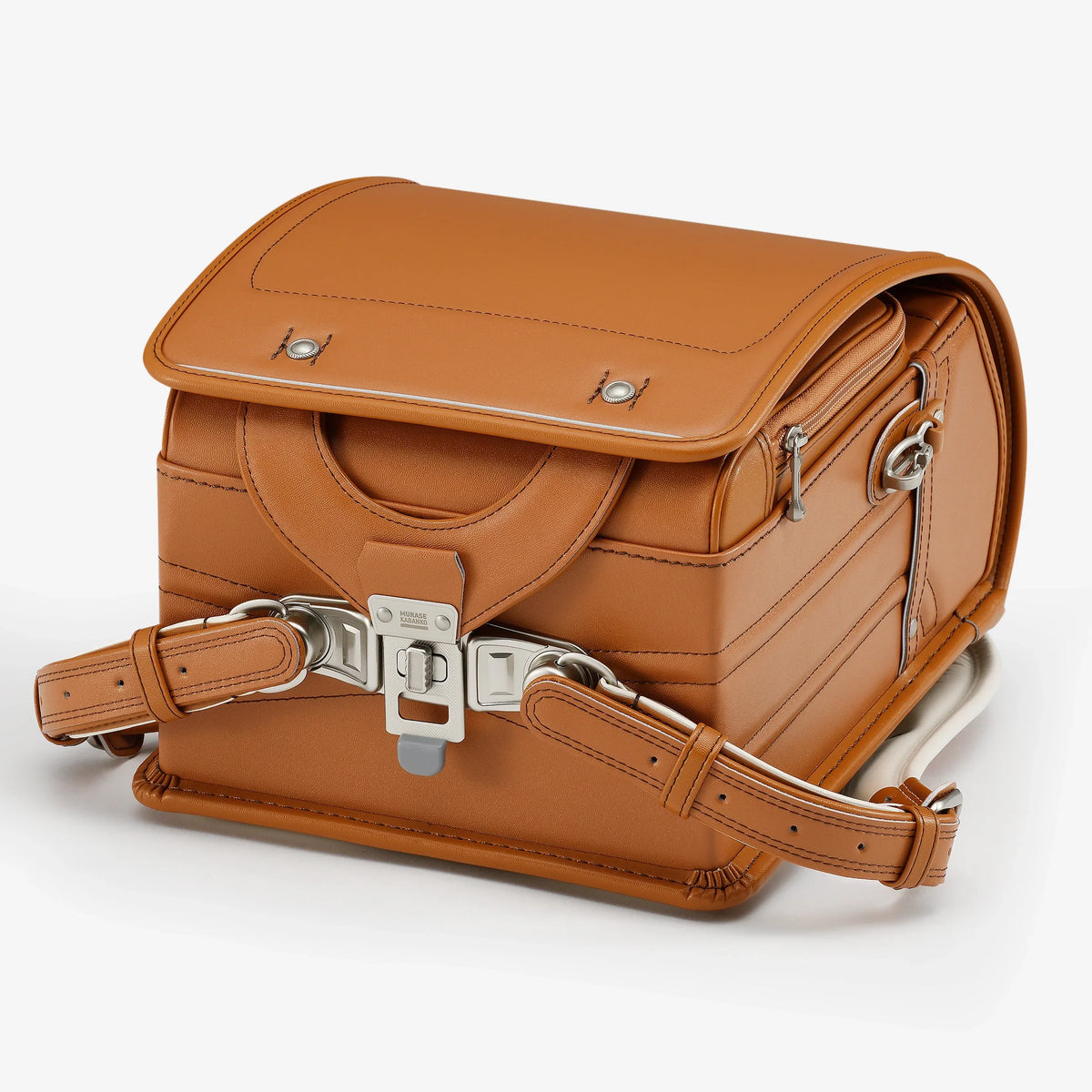 Bolca Randoseru by Murase Kabanko – tan Japanese Randoseru leather backpack with metal clasp and adjustable straps on white background