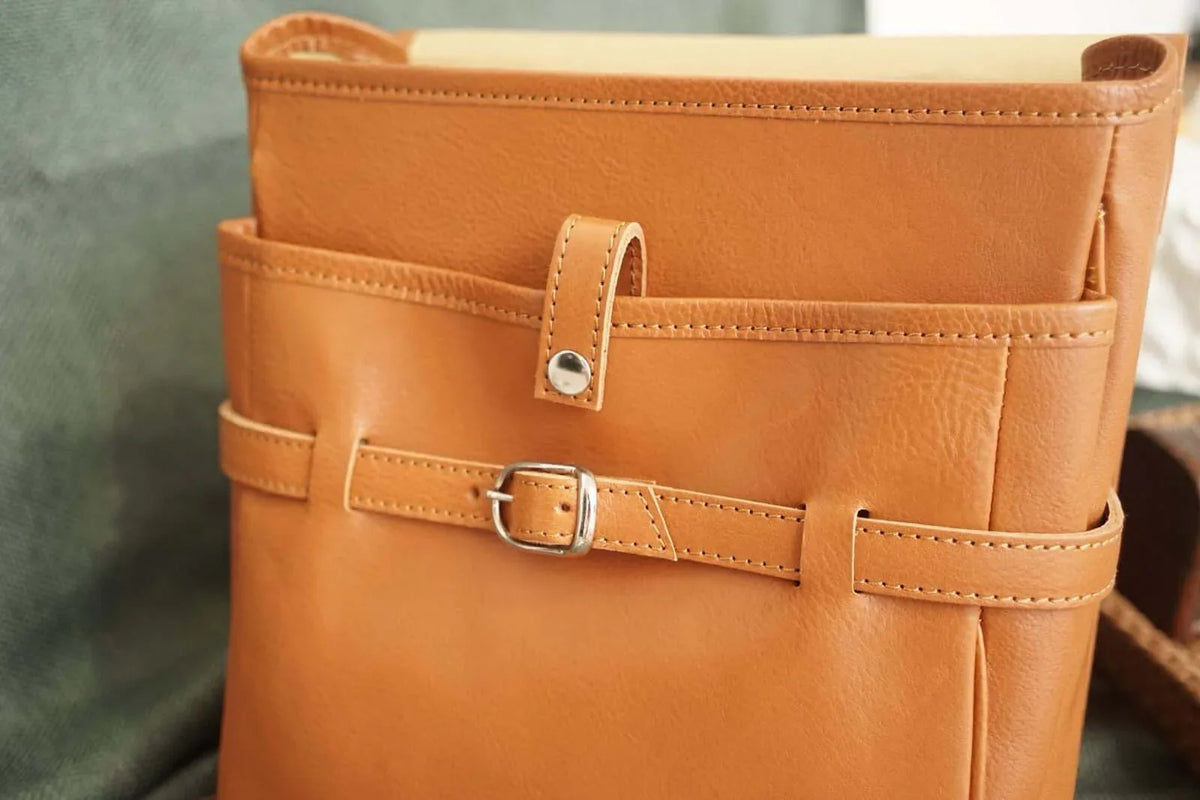 Sofurilla Adult Randoseru by Murase Kabanko – close-up of tan leather Japanese Randoseru backpack with buckle and stitched detailing