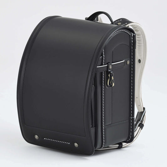 Randoseru Takumi black backpack by Murase Kabanko with white contrast stitching and padded straps