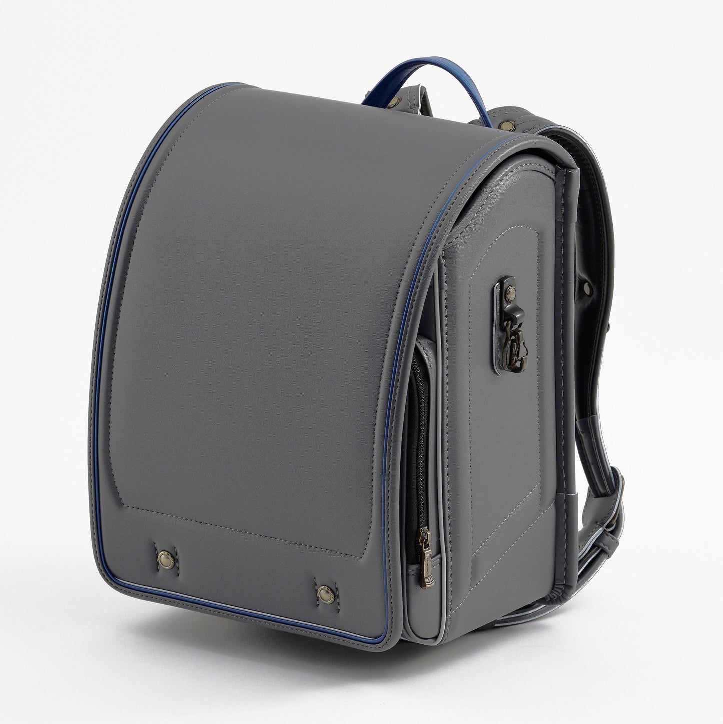 Gray Japanese randoseru backpack with blue trim on white background