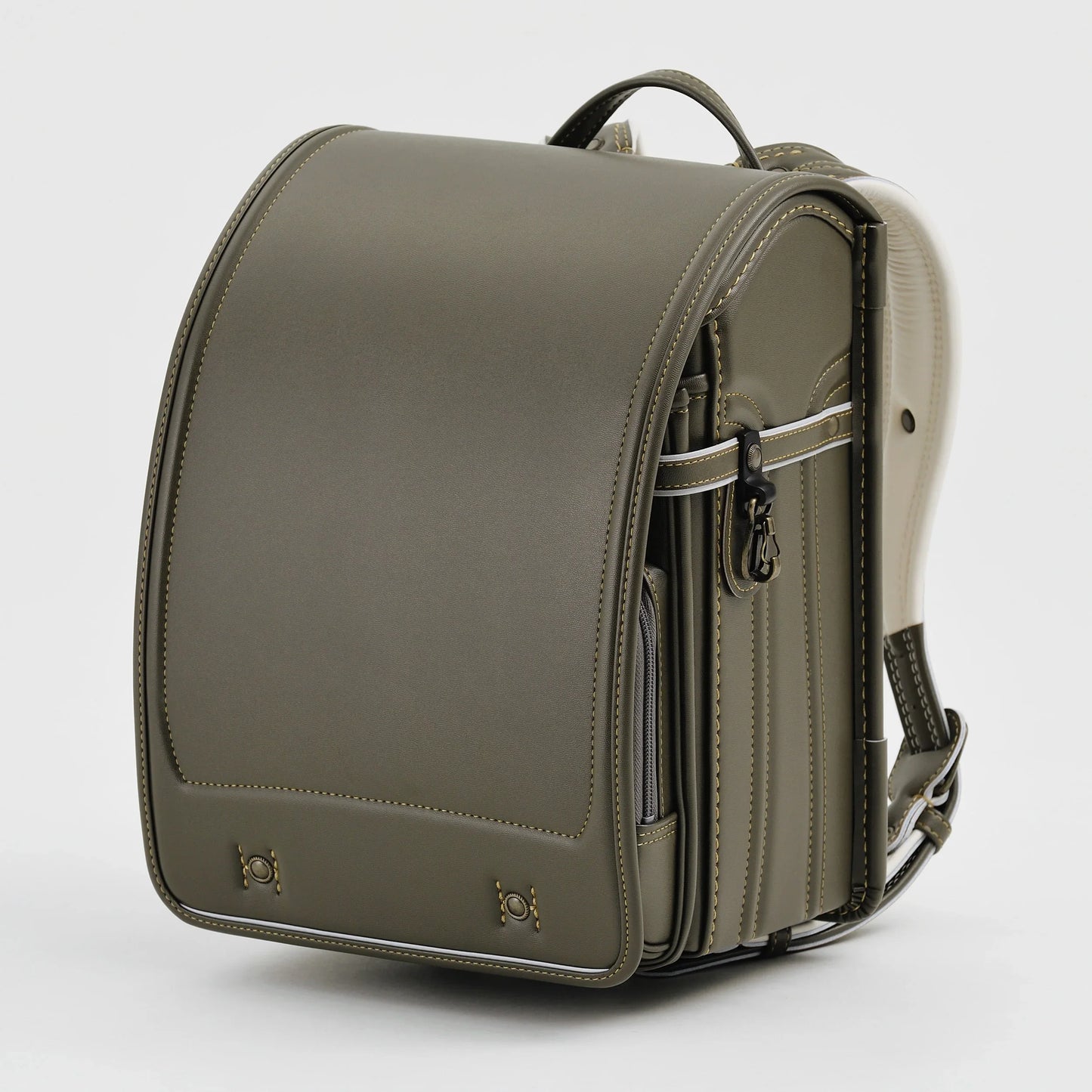 Olive green Japanese randoseru backpack with sturdy stitching and structured design