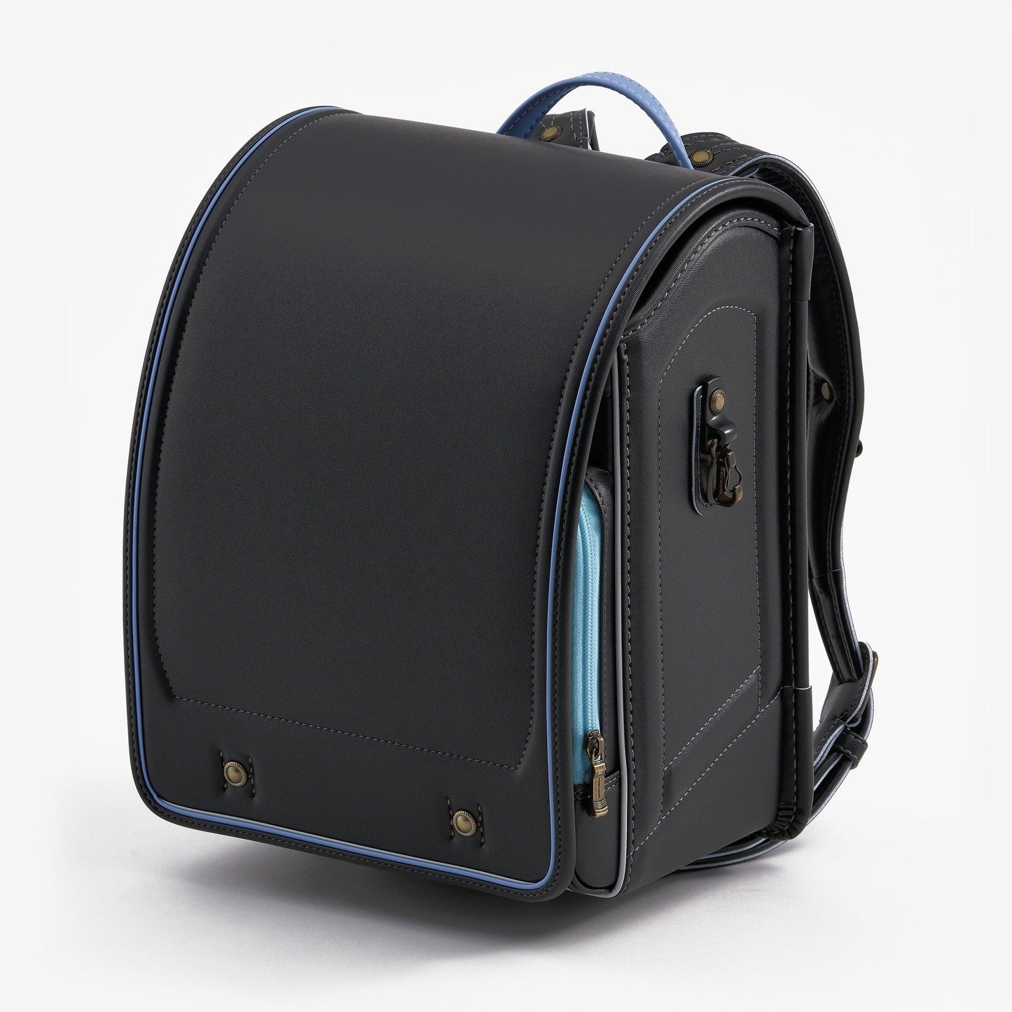 Black Japanese Randoseru backpack with blue accents and side zipper pocket on white background