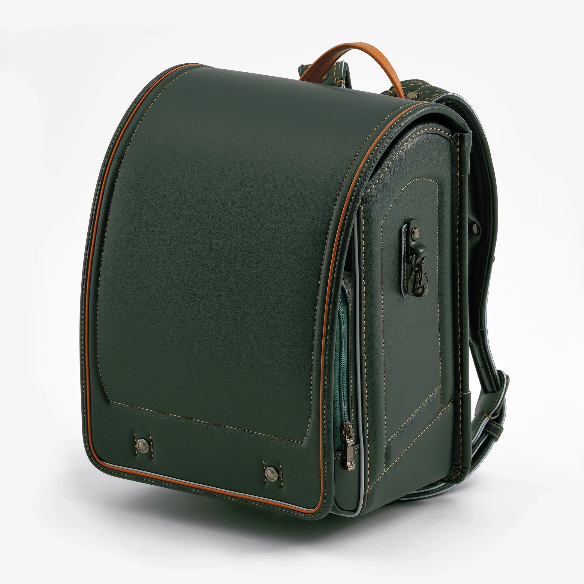 Dark green Japanese randoseru backpack with tan stitching on white background