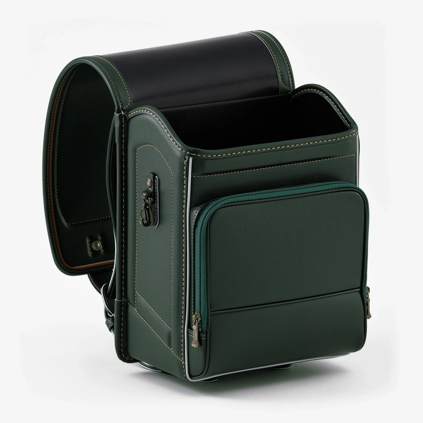 Japanese green Randoseru backpack with structured shape and front zip pocket