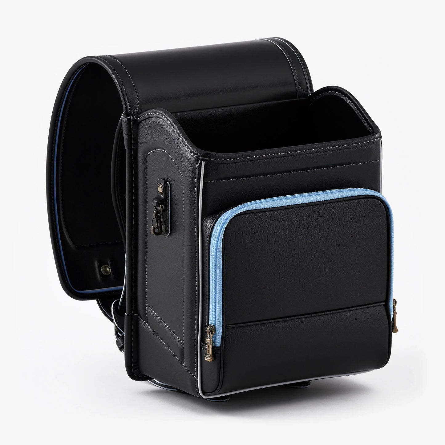 Black Japanese randoseru backpack with blue trim and front zippered pocket on white background