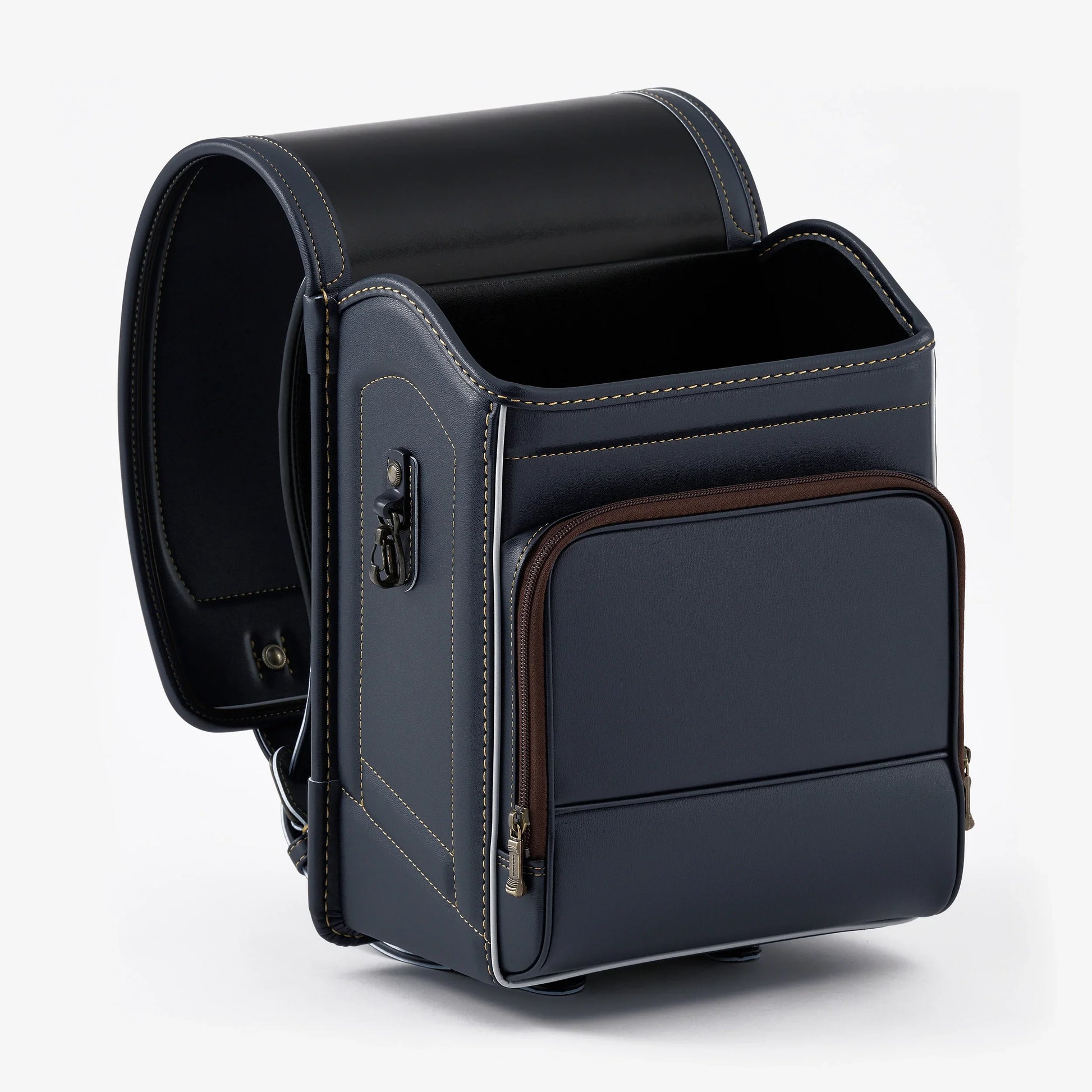 Japanese randoseru backpack in dark blue leather with front zipper pocket