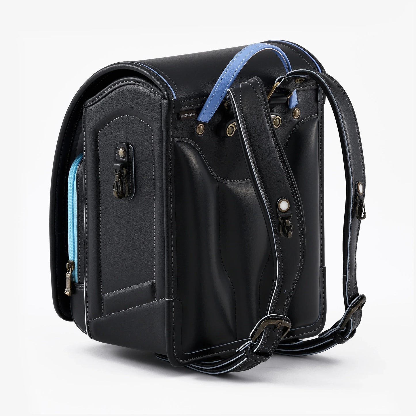 Black Japanese randoseru backpack with blue accents and adjustable straps on white background