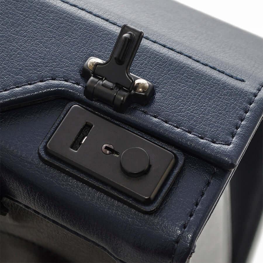 Murase Kabanko backpack lock close-up on navy leather