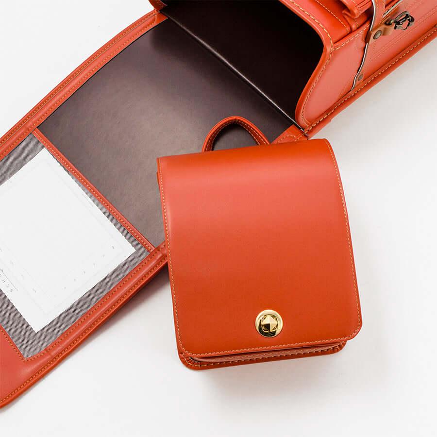 Murase Kabanko mini randoseru backpack two-piece orange set with gold clasp and matching small case 村瀬鞄行