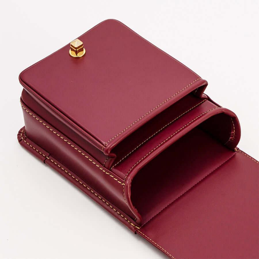 Murase Kabanko mini Randoseru backpack in burgundy with gold clasp and visible stitching