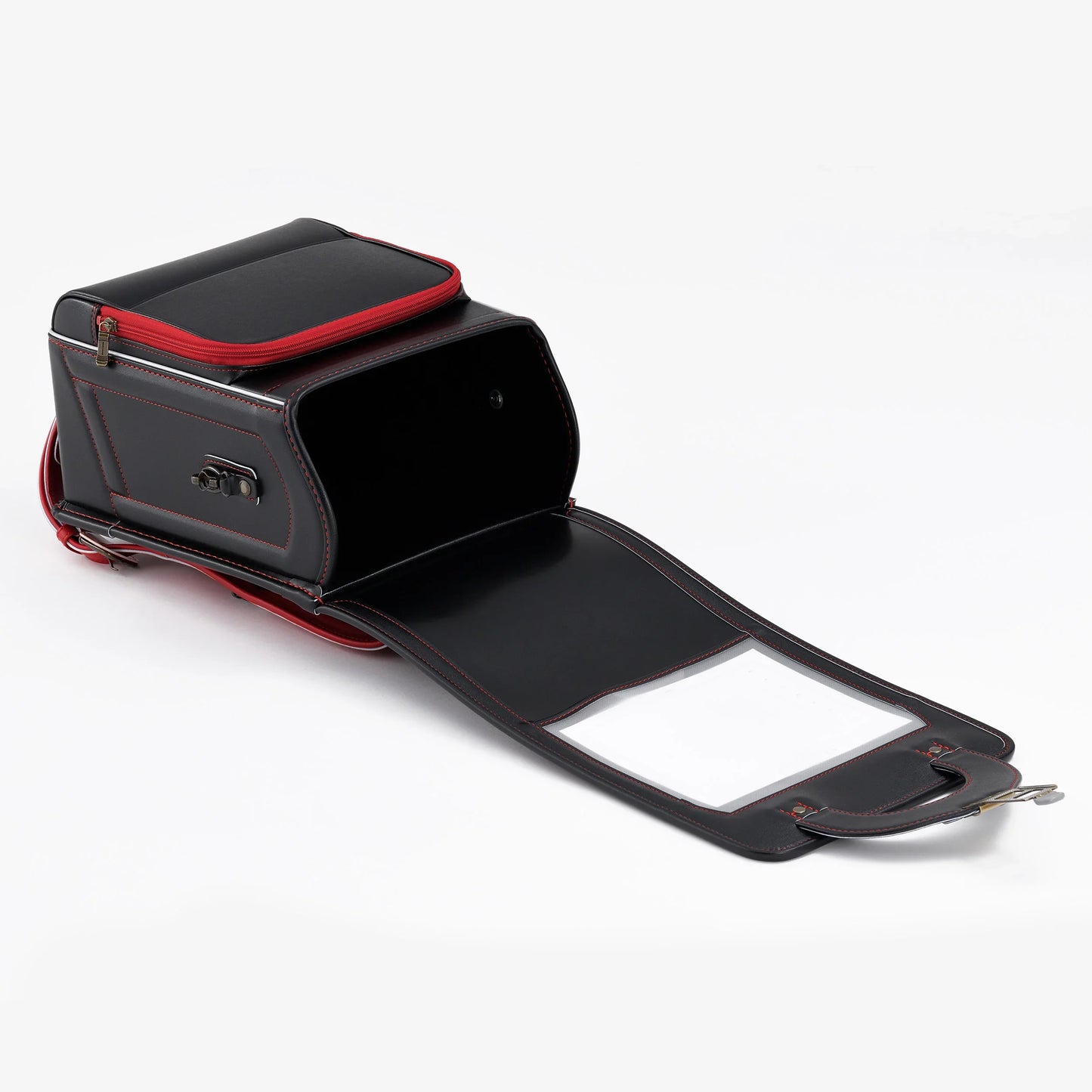 Black Japanese Randoseru backpack with red accents, open to show spacious interior