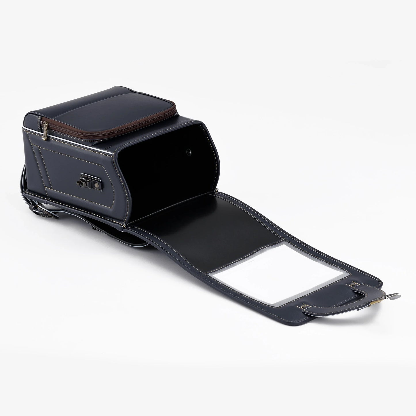 Open Japanese randoseru backpack in navy leather with visible stitching on white background