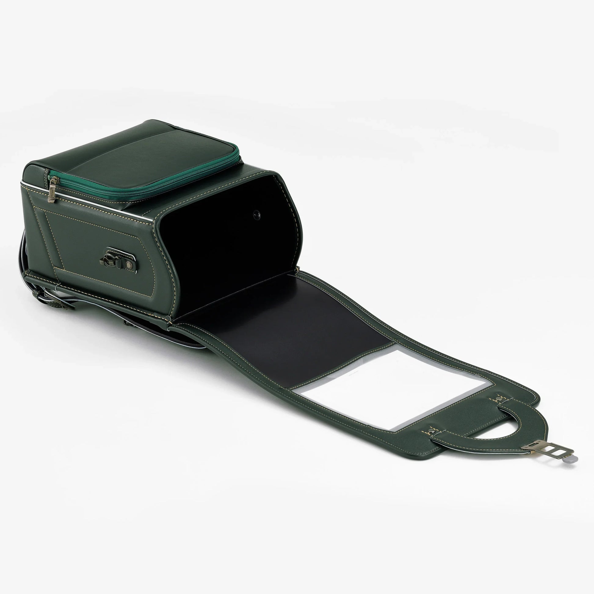 Dark green Japanese randoseru backpack with open front flap, premium school bag design