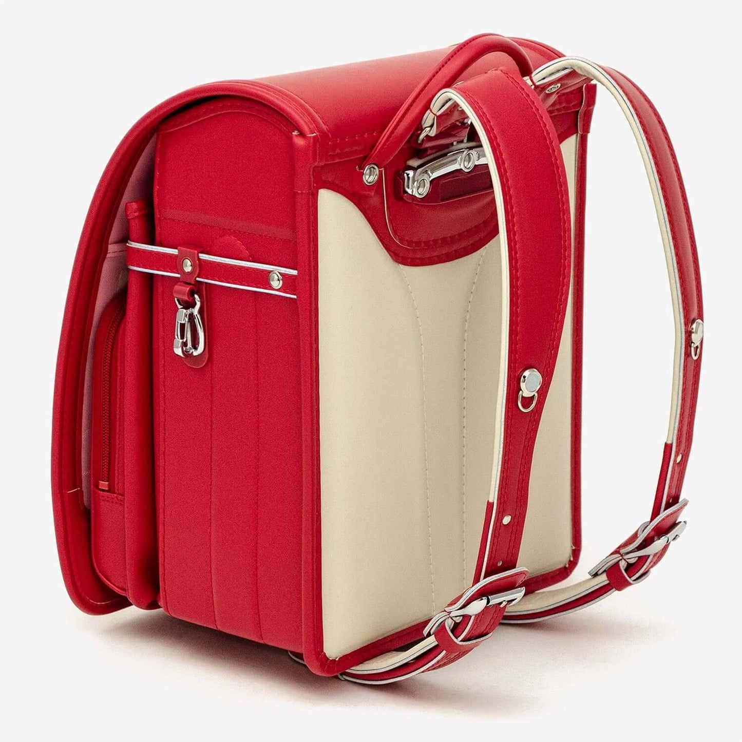 Randoseru backpack by Murase Kabanko in red with beige side panels and silver hardware