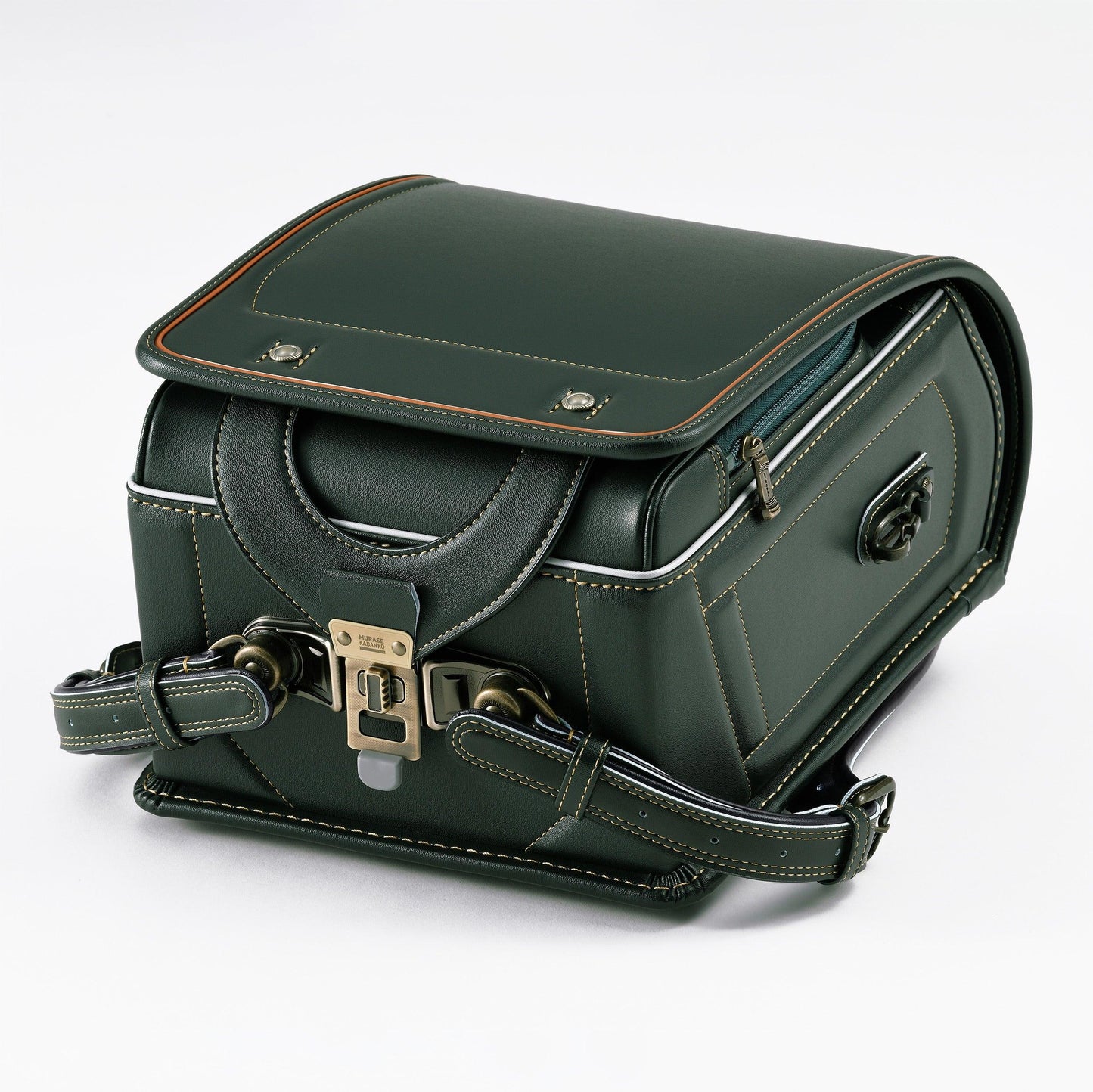 Dark green Japanese randoseru leather backpack with metal clasp and stitching detail