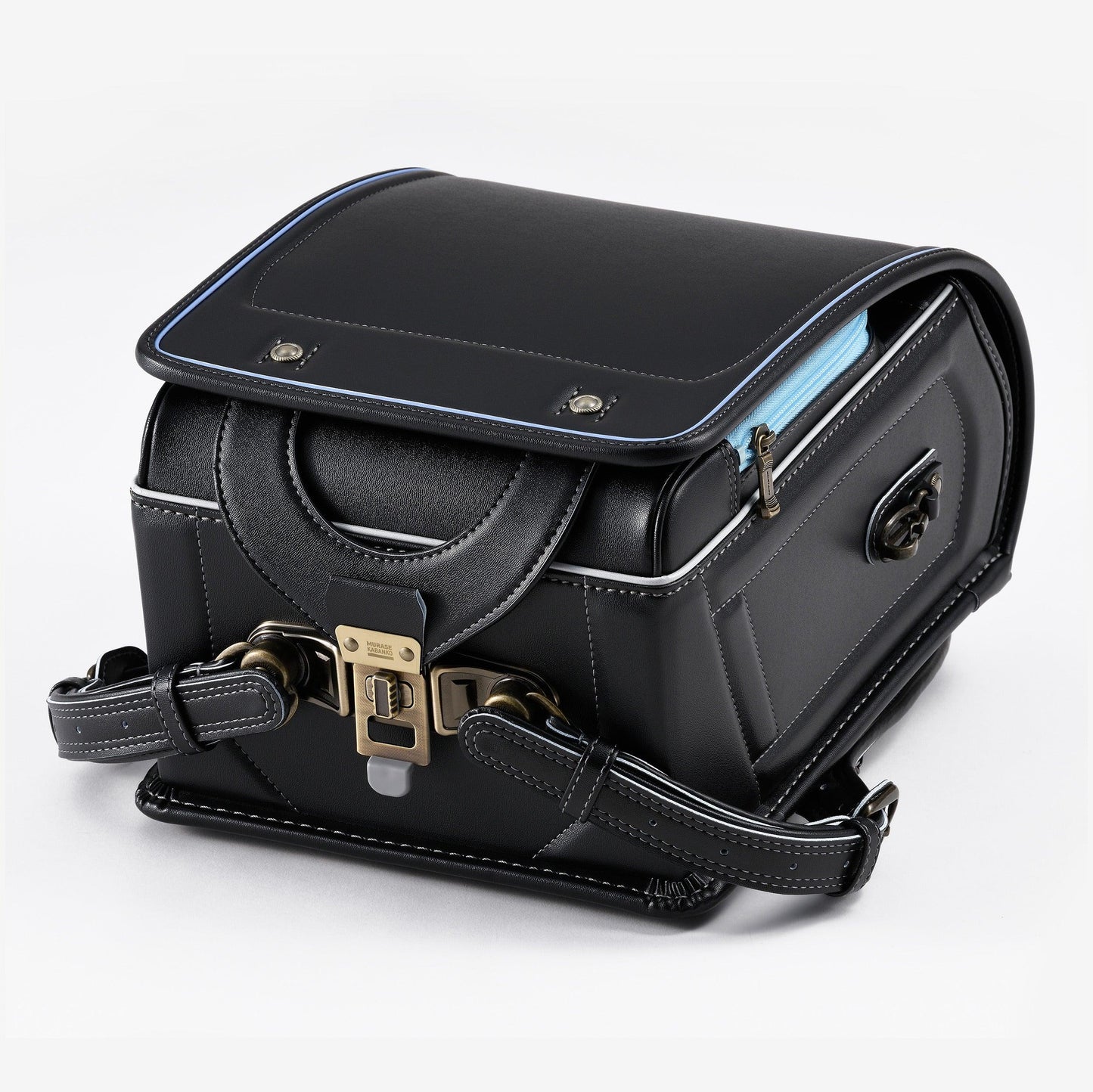 Black Japanese Randoseru backpack with blue trim, sturdy leather, and metal clasp