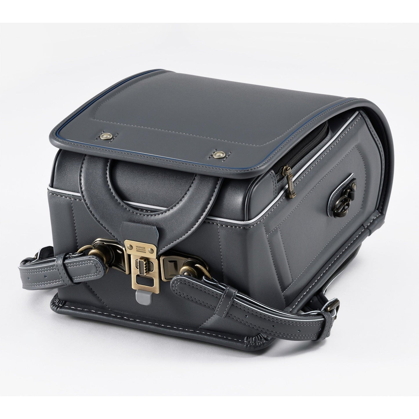 Premium Japanese randoseru backpack in dark gray leather with silver and brass accents