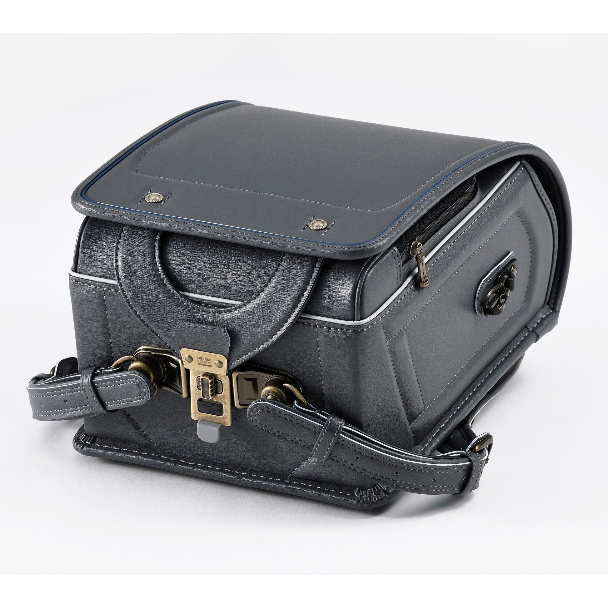 Premium Japanese randoseru backpack in dark gray leather with silver and brass accents