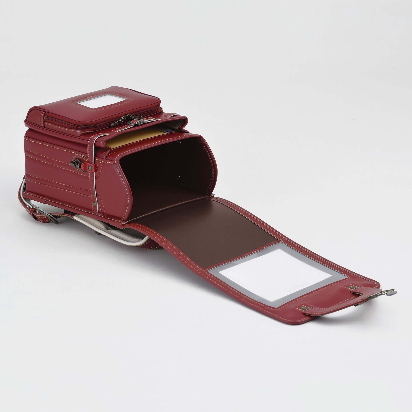 Randoseru Bolca Leather red school backpack with open front flap and inner compartments