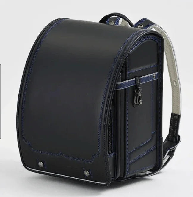 Randoseru backpack, black with blue stitching, traditional Japanese school bag