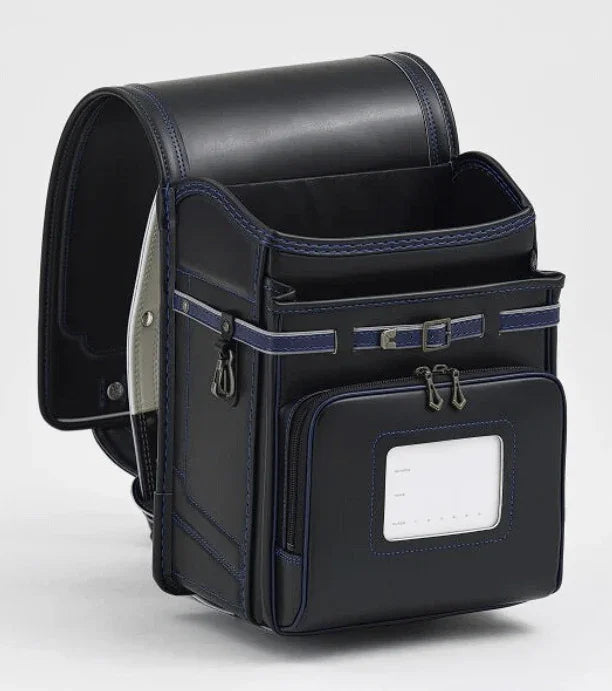 Randoseru backpack by Murase Kabanko, black with blue trim and front pocket with clear ID window