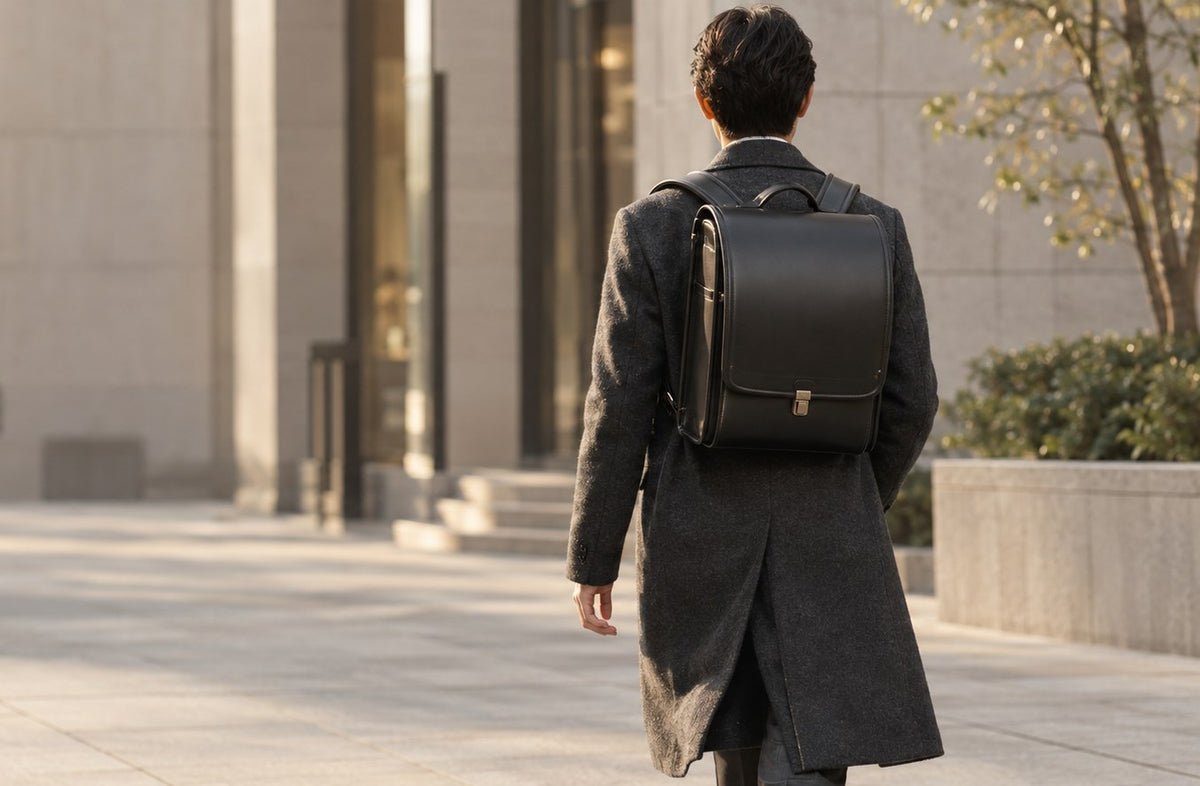 Professional wearing a black leather adult randoseru backpack in the city