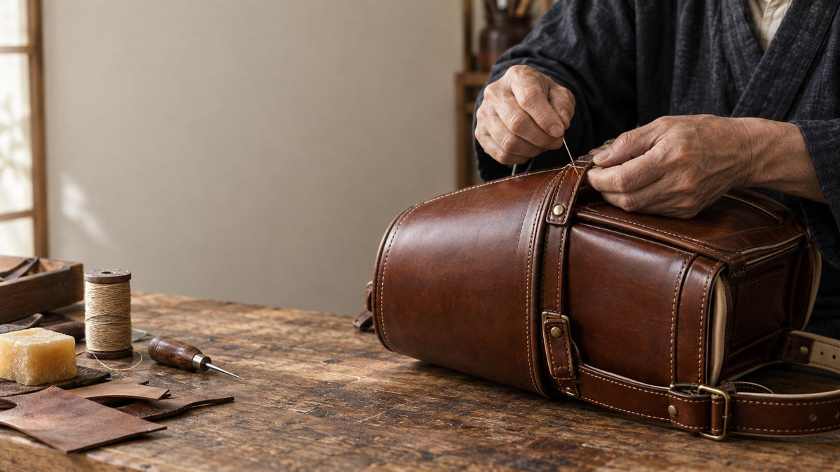 Japanese craftsman hand-stitching the strap of a leather randoseru during repair