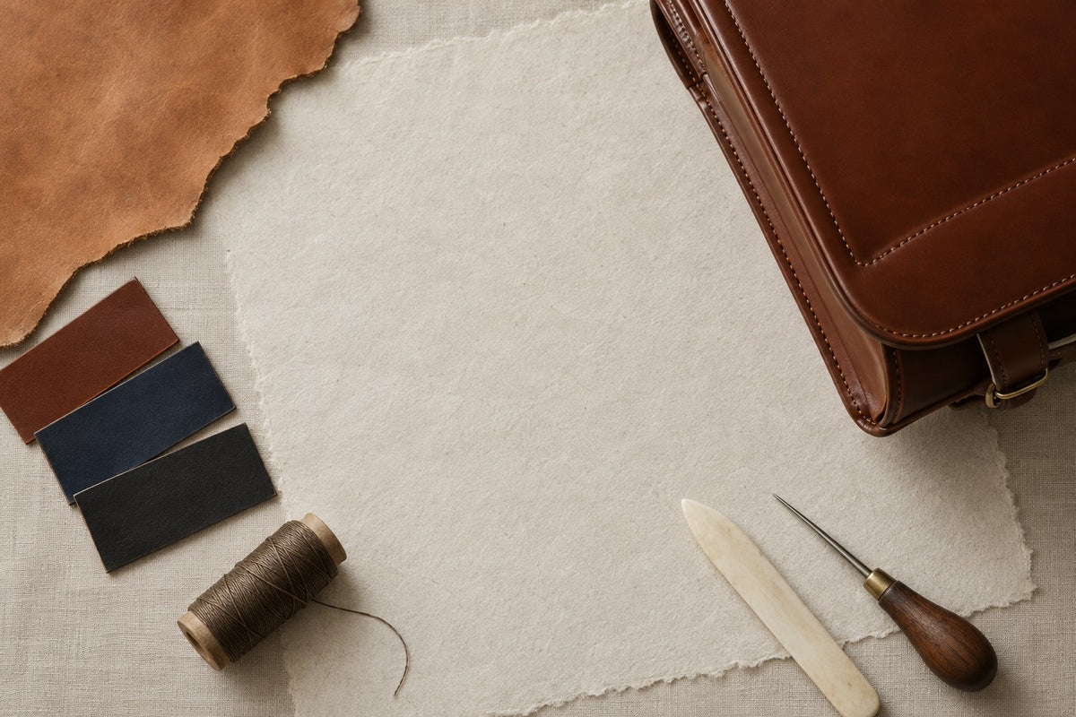 Leather swatches, waxed thread and craft tools beside a chestnut leather randoseru