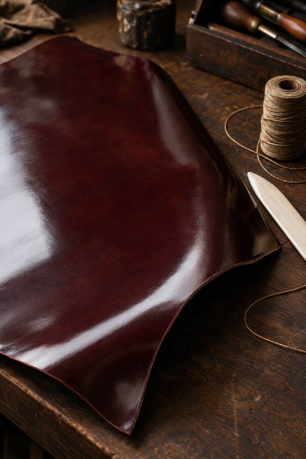 Polished burgundy shell cordovan horsehide leather on a craft workbench